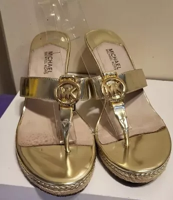 Michael Kors  Palm Beach  Gold Leather Wedge Heel Thong Sandals Sz.10 Ret $155 • $44.99