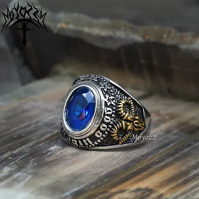 Mens Gold Satanic Illuminati Masonic Blue Onyx Ring Stainless Steel Size 7-15 • £11.99