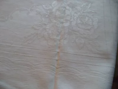 Vintage Old DAMASK LINEN TABLECLOTH Off White Used About 56  By 90  • $13
