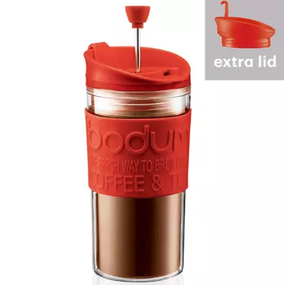 Bodum Travel French Press Coffee Cup Mug With Extra Lid Red 0.35L Insulated • £23.95