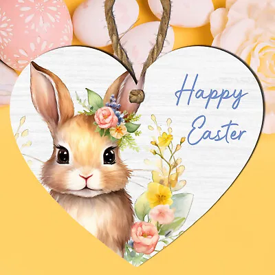Wooden Happy Easter Heart Plaque Girl Bunny Design Versatile Home Decor Gifts • £3.99