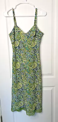 Vintage Express World Brand Green Blue Paisley Lace Hem Midi Slip Dress Sz 1 2 • $10