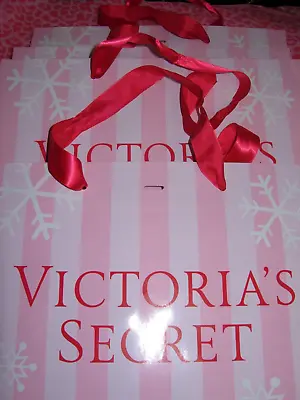 2 Victoria's Secret MEDIUM Glossy Paper Shopping Gift Bags Pink Stripe Snowflake • $8.99