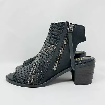 Sam Edelman Sandals Womens 8.5 Woven Leather Zip Block Heels Black Open Toe • $29.50