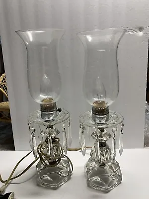 Vintage /Antique Pair Of Boudoir Mantle Crystal Prisms Hurricane Table Lamps  • $120