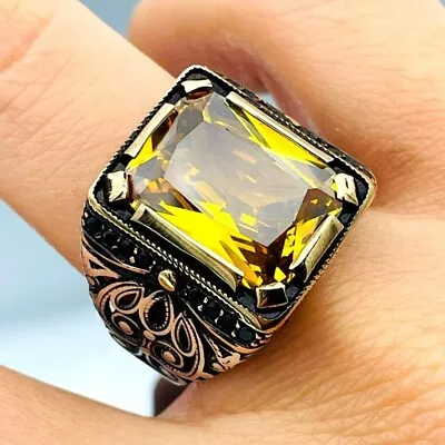 Square Yellow Citrine Gemstone Ring Mens 925K Sterling Silver Men's Jewelry • $45