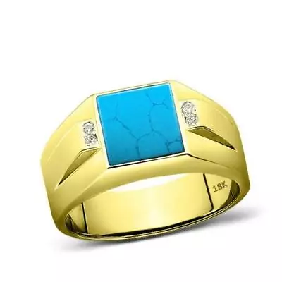 Men's Ring 18K Real Yellow Fine Gold Blue Turquoise With 4 Natural Diamond Accen • $980