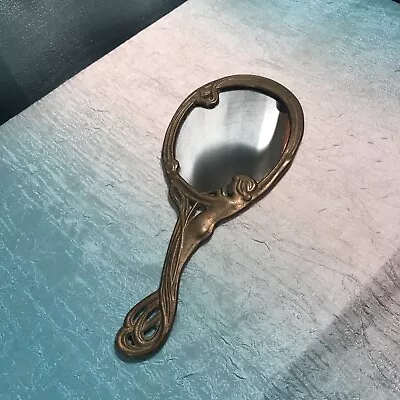 Vintage Art Nouveau Style Hand Mirror French Art Deco Lady Brass Mirror 9.5” • $84.99