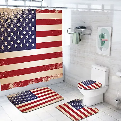 $24.22 • Buy American Flag Patriotic Waterproof Shower Curtain Shower Mat Toilet Cover Mat  