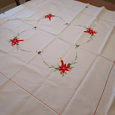 Cotton Vintage Granny Tablecloth 48 X 48 Christmas Poinsettia Candles Embroidery • $13.99