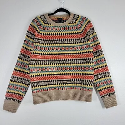 J Crew Men Size Small Sweater Fair Isle 100% Lambs Wool Crew Neck Pullover • $25.49