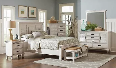 Coastal Style Furniture - NEW 5 Piece Antique White Queen King Bedroom Set IA7K • $2298.71