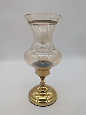 $17.60 • Buy BRASS CANDLE HOLDER W/METALLIC GOLD TRIMMED CLEAR GLASS HURRICANE CHIMNEY VNTG