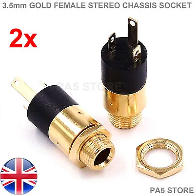 £3.29 • Buy 2x GOLD 3.5mm Female Stereo Chassis Socket 3-pole Solder Connections Audio AV UK