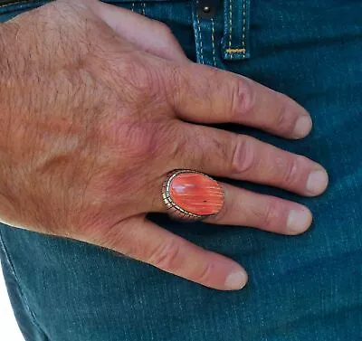 Native American Navajo Men's Silver Red Orange Spiny Oyster Ring Size 13 • $162