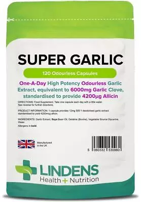 Garlic Capsules Odourless 120 Super Strength 6000mg Lindens • £7.98