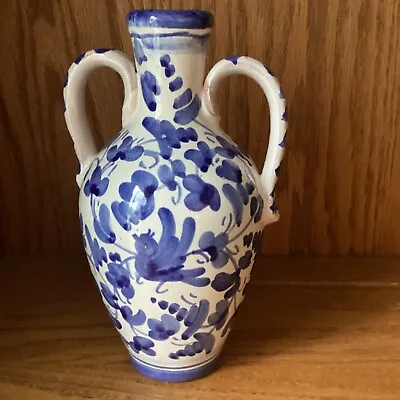 Vintage Blue & White 2Handle Vase Floral Bird Ceramic Stoneware Jug 7” • $5