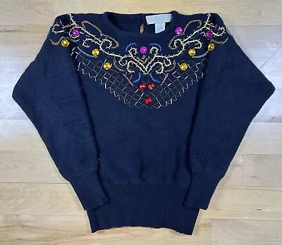 Vintage Rhinestone Sweater Women’s S Angora Wool Beaded 80s Embellished Pullover • $29