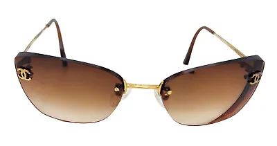 Vintage Chanel Gold Tone Monogram Brown Gradient Lens Rimless Cat Eye Sunglasses • $175