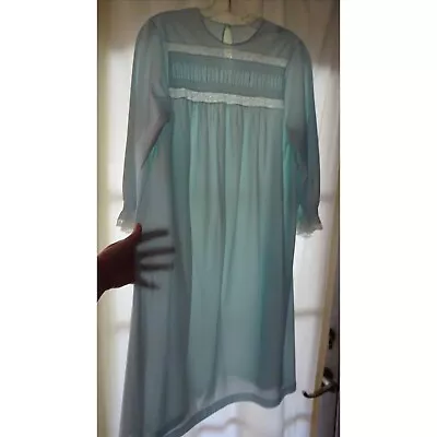 Vintage Hollywood Vassarette Light Blue Nightgown S Nylon Tricot 50s Sheer Lace • $15.99