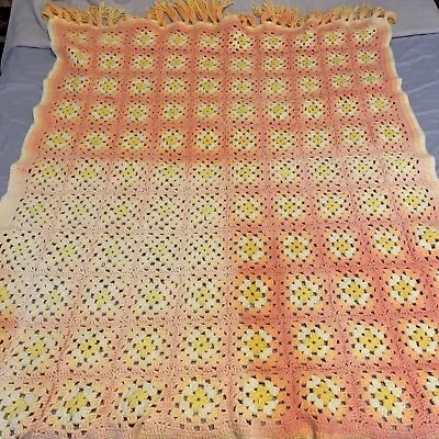 Vintage Granny Crochet Afghan Square Orange Yellow Blanket 60” X 45” • $20