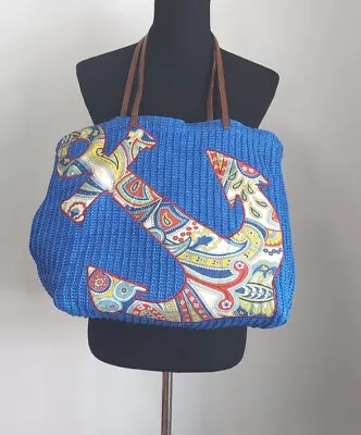 VERA BRADLEY Blue Woven Anchor Beach Tote Shopper Carryall Reusable Shoulder Bag • $28