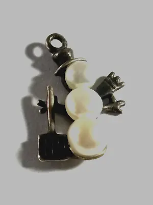 Vintage Tiny Sterling Silver 3 Pearl Snowman & Shovel Top Hat Charm Pendant • $24