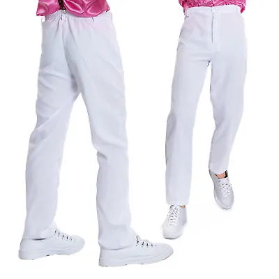 Mens White 1970's Disco Trousers Pants Fancy Dress Costume Flares 70s 1960's 60s • £9.99