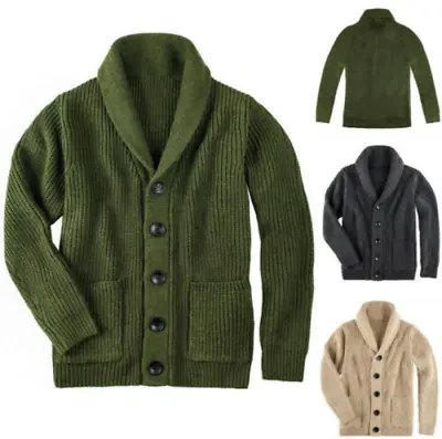 Mens Shawl Collar Cardigan Sweater Cable Knit Button Cotton Sweater Pockets Tops • $41.75