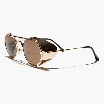 Gold Steampunk Sunglass With Folding Side Shields Brown Lens - Bram • $28