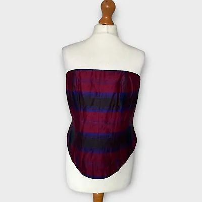 Vintage Bustier Top Fit Size 14 Tartan Plaid Check Burgundy Red Multi Retro Glam • £24.99
