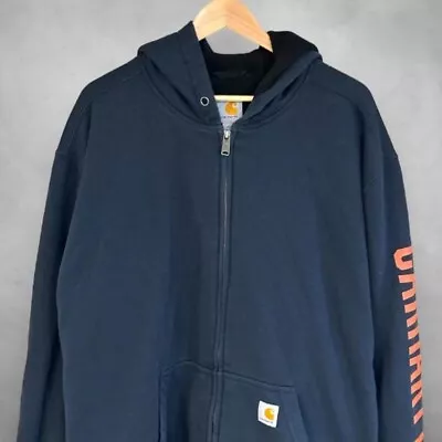 Carhartt Sherpa Fleece Lined Hoodie Men's XL Full Zip Navy Blue Spellout Sleeve • $36.87