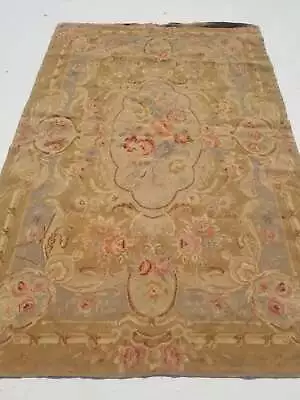 Vintage French Needle Point Handmade Floral Brown Wool Rug Carpet 180x121cm • £325
