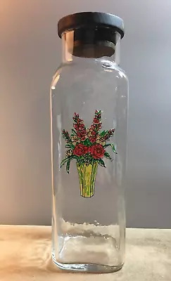 Vintage Mid Century Modern Floral Design Clear Glass Canister W/Wood Lid • $20