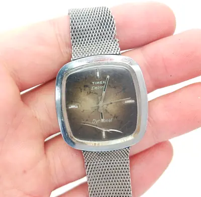 Timex Dynabeat Square Brown Face Silver Bezel Mens Vintage Wristwatch FOR PARTS • $19.95