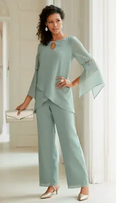 Size 12 Midnight Velvet Lenah Green Pearl Sleeve Spring Summer Pant Suit Set • $31.99