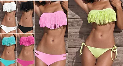 NEW 2pcs SEXY TASSLE FRINGE PADDED TOP BIKINI SET BANDEAU SWIMSUIT SWIMWEAR • £8.95