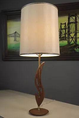 Mid Century Danish Modern Biomorphic Walnut & Brass Table Lamp W/ Shade • $139.99