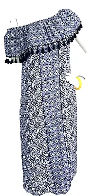NEW Tribal Dress Maxi Boho Tassel Trim Wear On-Off Shoulder Blue Print S $98 • $19.95