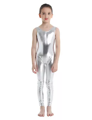 UK Kids Girls Gymnastics Bodysuit Shiny Metallic Jumpsuit Ballet Dance Costume • £13.57