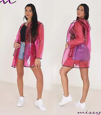 NEW Ladies WATERPROOF COAT Festival Transparent Rain Mac Jacket SIZE KAGOOL PINK • £16.99