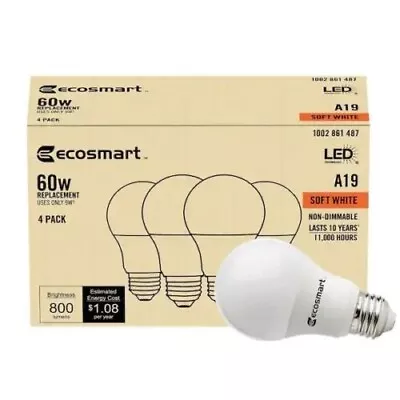 EcoSmart 60-Watt Equivalent A19 Non-Dimmable LED Light Bulb Soft White (4-Pack) • $12.50