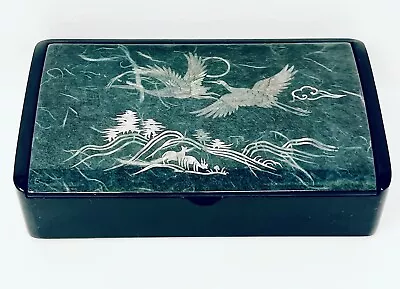 Vintage Black & Green Lacquered Mother Of Pearl Inlay Jewelry Box Birds Deer • $20.99