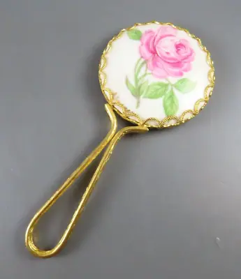 Antique/Vtg LIMOGES HAND PAINTED Small Mirror PORCELAIN W/Gold Handle PINK ROSE • $36
