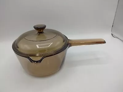 Corning Ware Vision Amber Glass Cookware 1L Sauce Pot Pan Spout With Pyrex Lid • $19.99