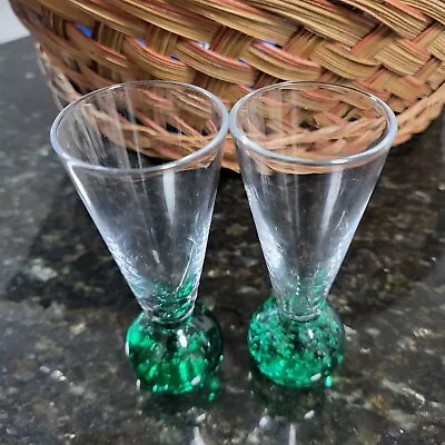 Vintage Pair Of Cordial Or Shot Glasses With Green Bubble Ball Base • $10