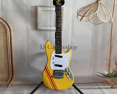 6-String Mustang Yellow Electric Guitar Red Stripe 2S Pickups Chrome Hardware • $228.42