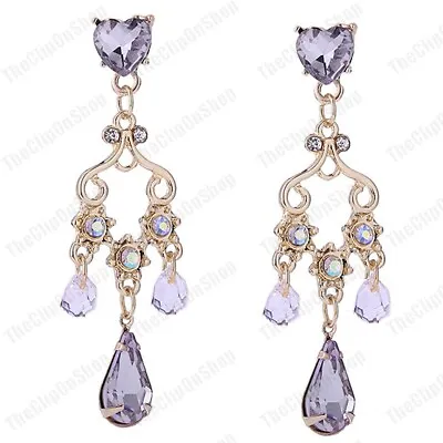 CLIP ON 2  Lilac CHANDELIER EARRINGS Bead GOLD TONE Vintage Antique Style Retro • £4.50