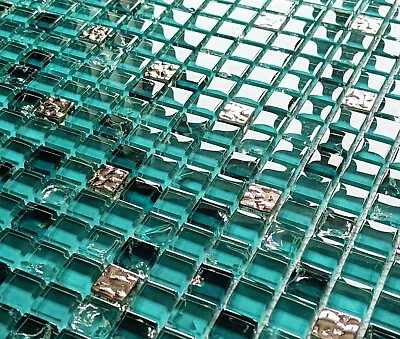£9.98 • Buy Teal Turquoise Blue Green & Silver Crackle Glass Small Squares Mosaic Wall Tiles
