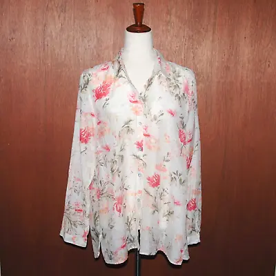 J Jill Women's Large Cotton Silk Blend Floral Shirt Roll Sleeves • $16.95